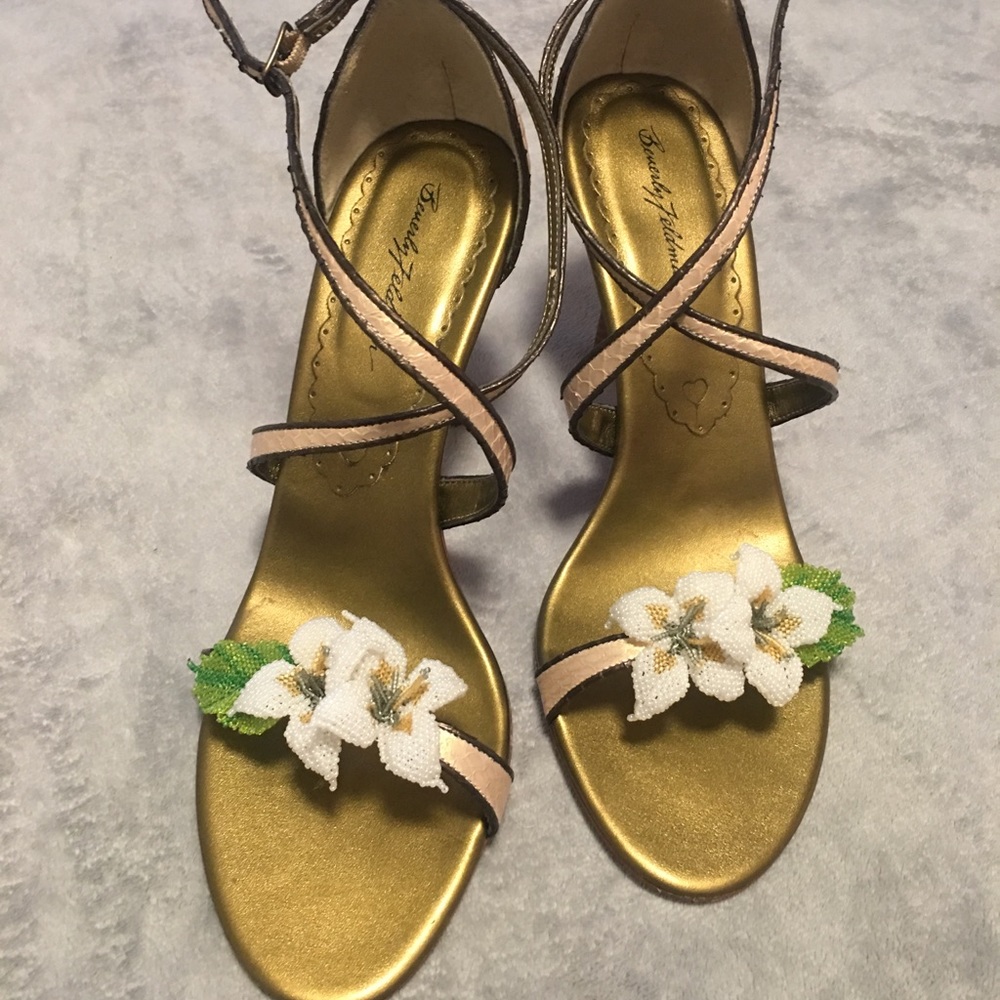 Beverly Feldman Magnolia flower beaded heels